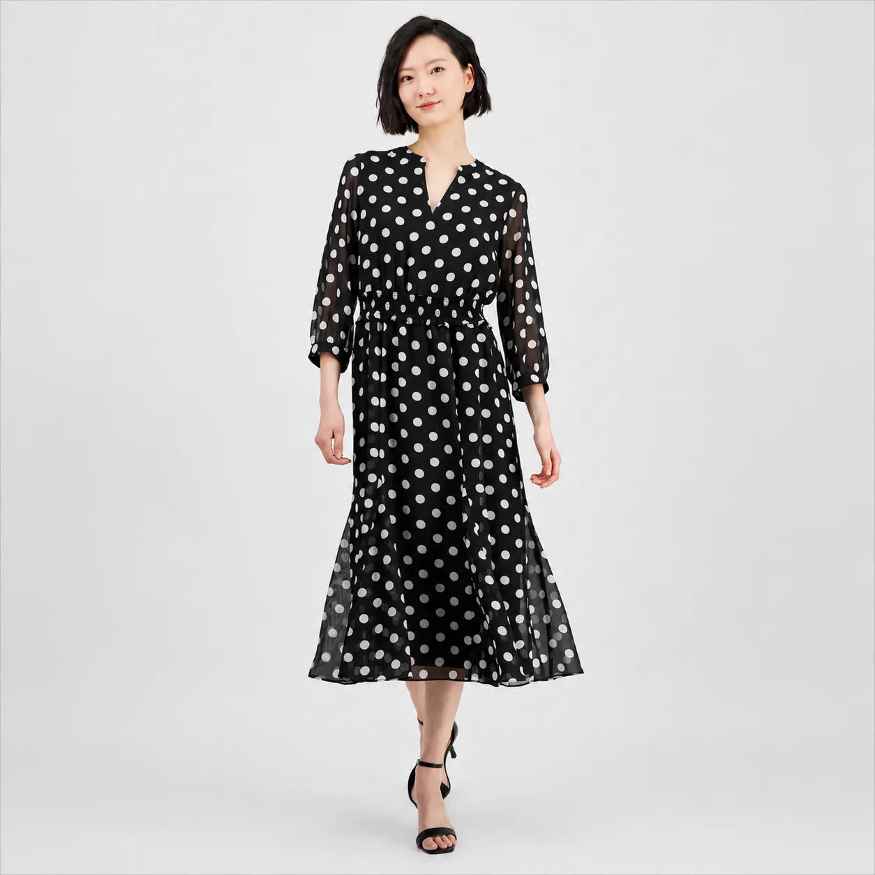 Anne Klein Women's Black Polka-Dot Tie-Strap Midi Dress