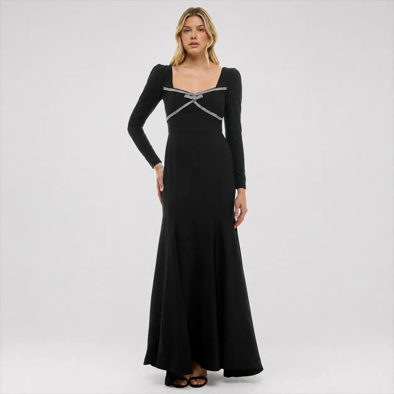 Taylor Women's Black Rhinestone-Trim Long-Sleeve Gown Dress