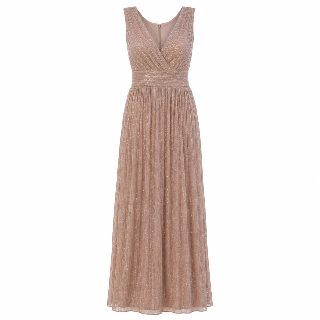 A sleeveless, floor-length A-line dress in a shimmering champagne pink or light rose gold fabric, featuring a V-neckline and a pleated skirt, shown against a plain white background.