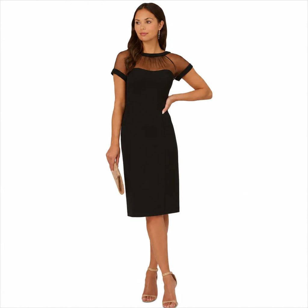 A woman modeling a black knee-length dress with sheer mesh short sleeves and a sheer mesh yoke at the neckline, paired with nude high-heeled sandals and a small clutch, against a plain white background.