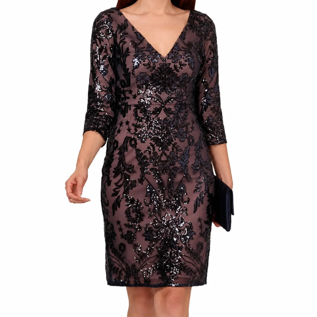 Papell Studio  Women's Navy Plus Size V-Neck Dress
