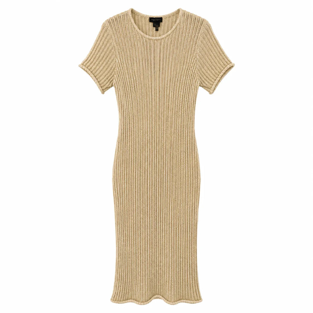 A beige ribbed knit short-sleeve midi dress with a crew neck, shown flat against a plain white background.