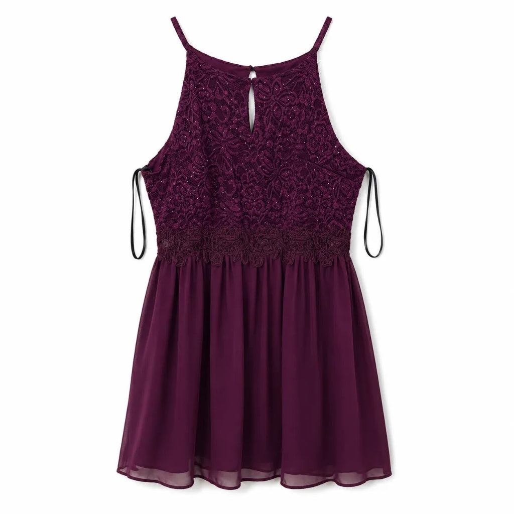 A sleeveless dark purple lace and chiffon dress with thin shoulder straps, a keyhole back, and side drawstrings, shown against a plain white background.