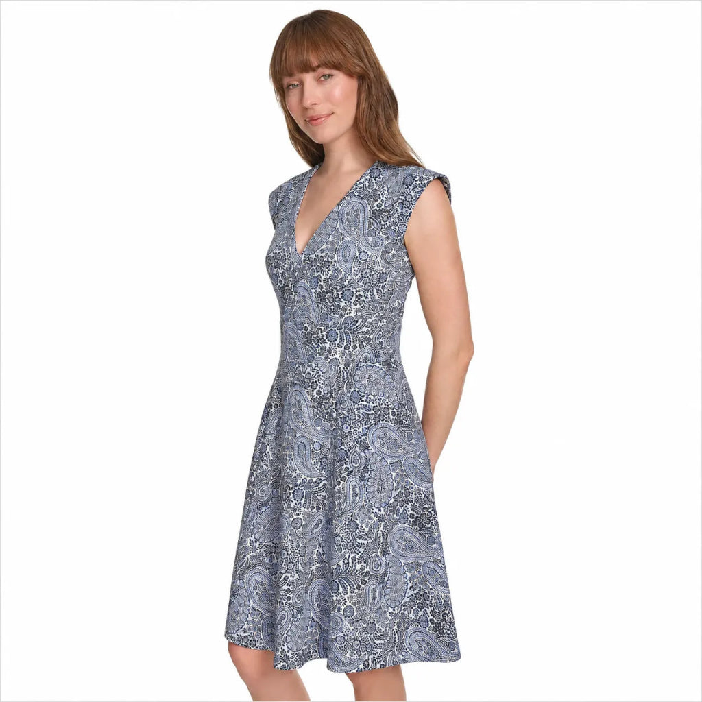 A woman modeling a sleeveless V-neck fit-and-flare dress with a blue and white paisley pattern, set against a plain white background.
