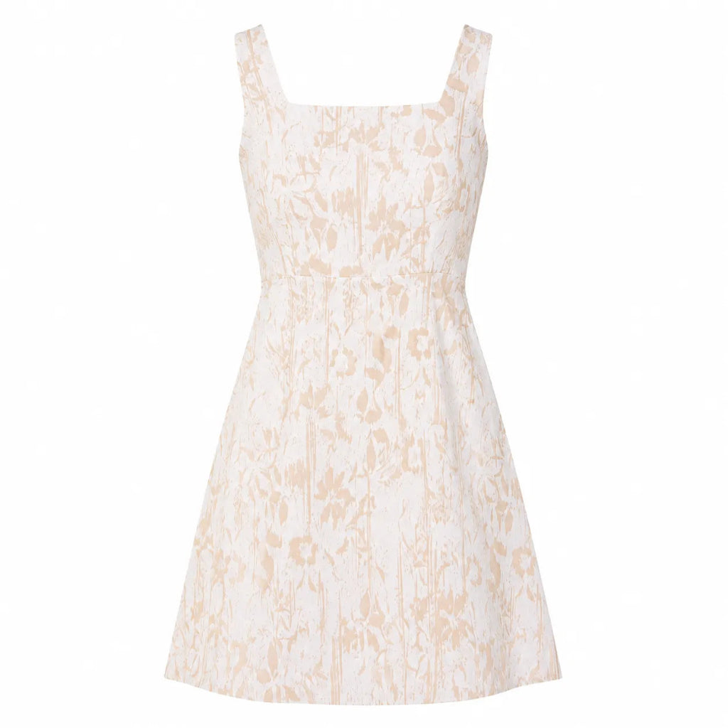 A sleeveless A-line dress with a square neckline, featuring a white base with a light beige abstract floral pattern, shown against a plain white background.