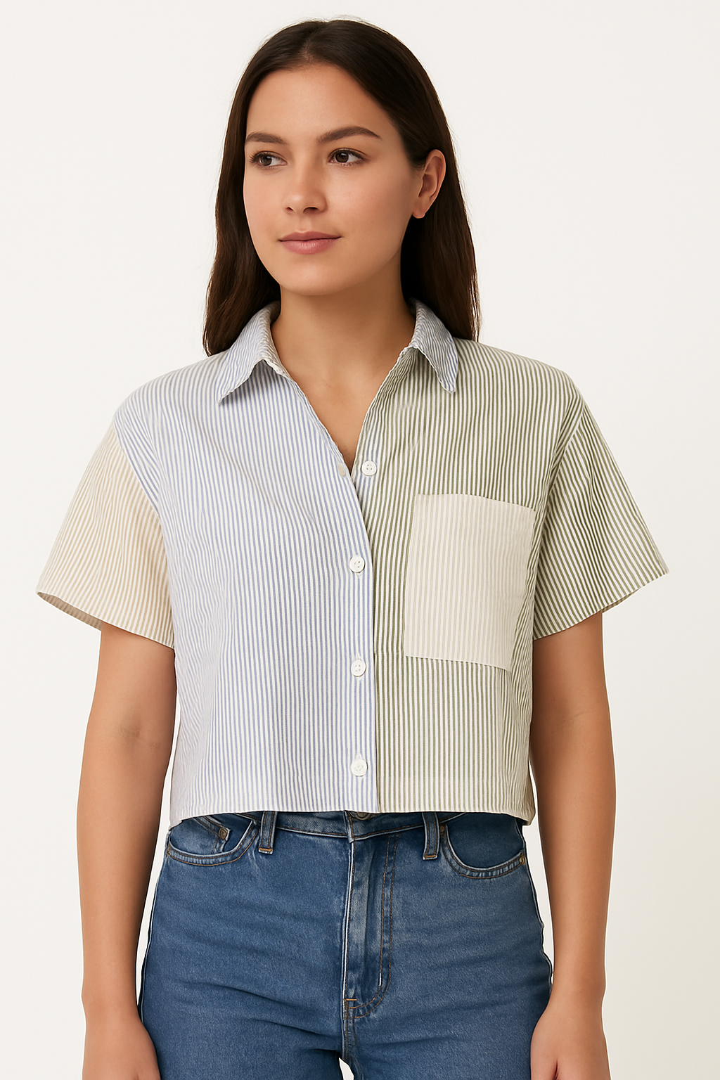 Forever 21 Women's Multi Mixed Stipe Patchwork Short Sleeve Button-up Shirt | Forever 21 In Lebanon