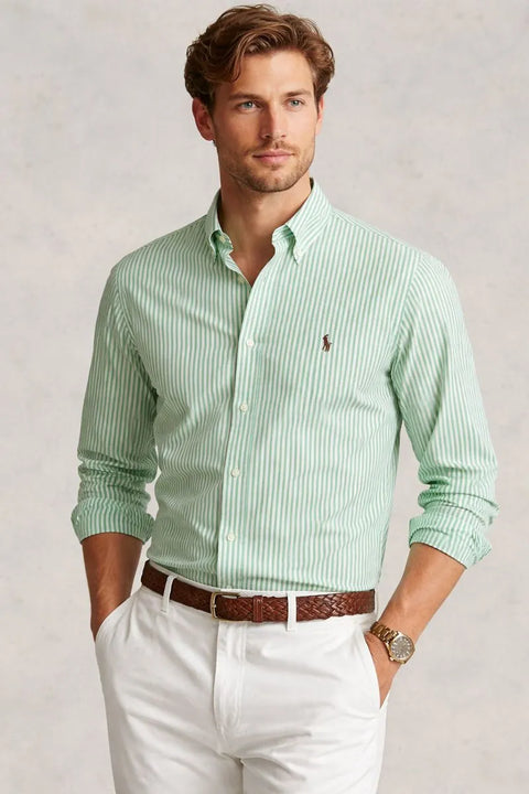 Polo Ralph Lauren Men's Green & White Striped Classic Fit Shirt | Polo Ralph Lauren In Lebanon