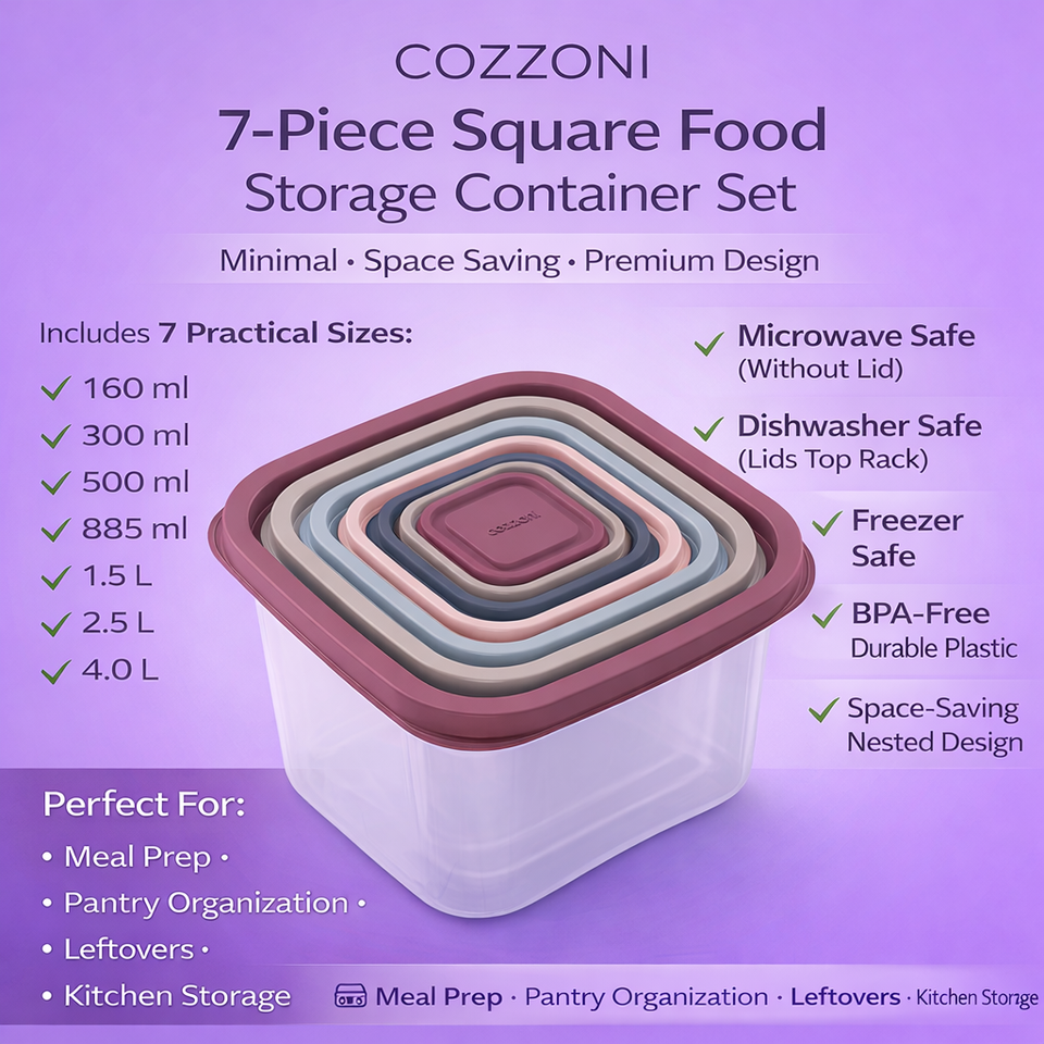 Cozzoni 7-piece square food storage container set on a purple background with product details.