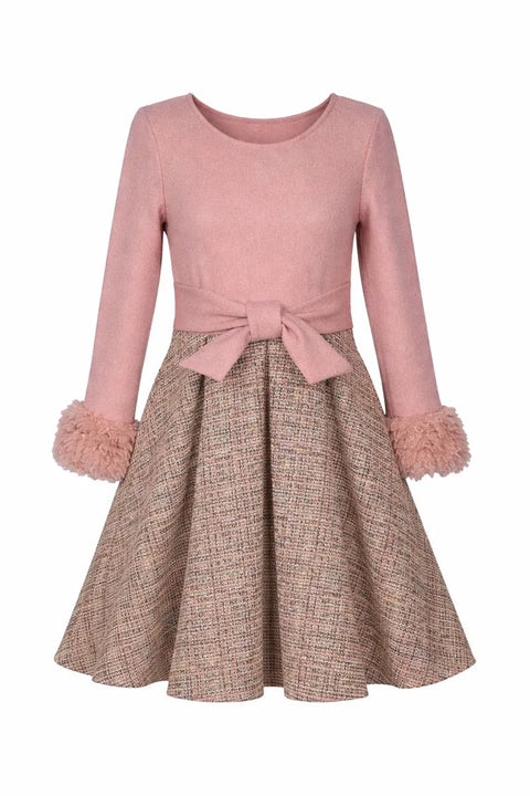 Bonnie Jean Girl's Pink Crepe Tan Boucle Long Sleeve Foiled Liverpool Knit Dress | Bonnie Jean In Lebanon