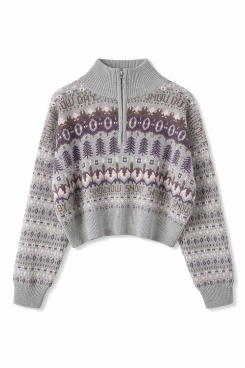 Sugar Moon Women's Gray Snow Day Fair Isle Quarter-Zip Knit Sweater | Sugar Moon in Lebanon
