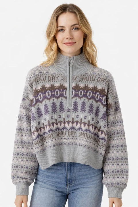 Sugar Moon Women's Gray Snow Day Fair Isle Quarter-Zip Knit Sweater | Sugar Moon in Lebanon