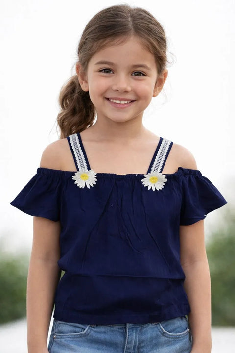 Ativo Girl's Navy Daisy Flutter Cold Shoulder Top | Ativo In Lebanon