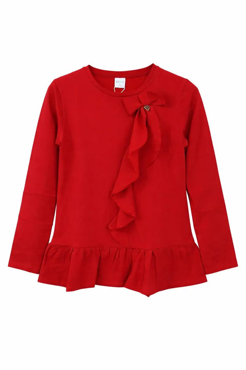 Ativo Girl's Red Chest & Waist Ruffle Long Sleeve Blouse | Ativo In Lebanon