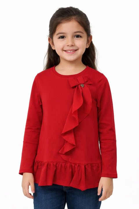 Ativo Girl's Red Chest & Waist Ruffle Long Sleeve Blouse | Ativo In Lebanon