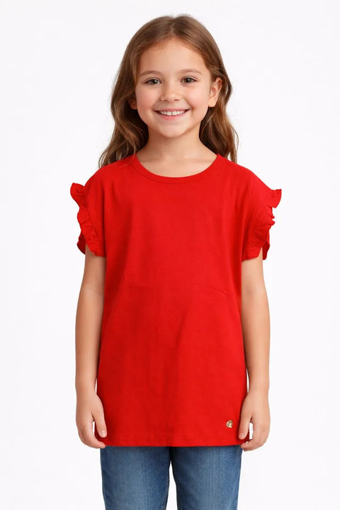 Ativo Girl's Red Solid Ruffle T-Shirt | Ativo In Lebanon