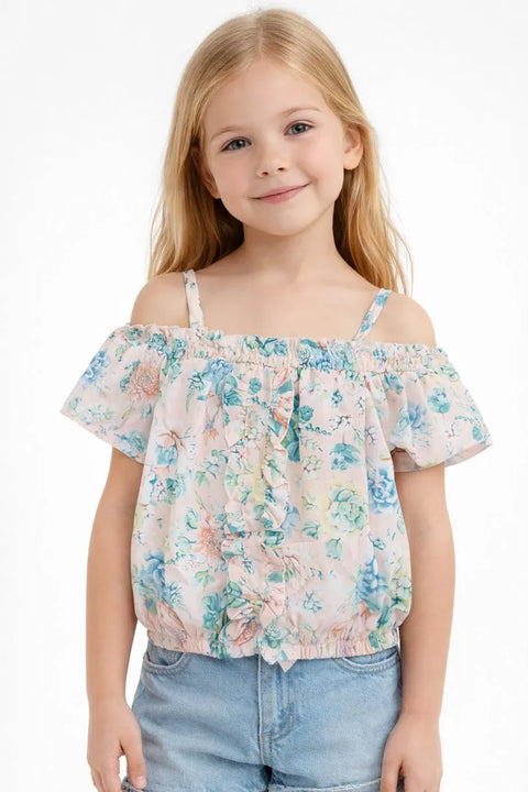 Ativo Girl's Blush Multi Floral Ruffle Sleeve Top |Ativo In Lebanon