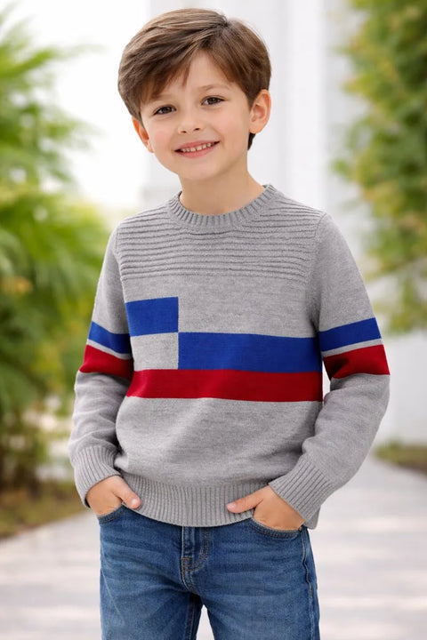 Ativo Boy's Gray With Red & Blue Kitted sweater | Ativo In Lebanon