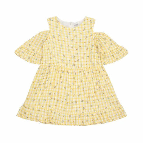Ativo Girl's Yellow Printed Cold Shoulder Neck Dress |Ativo In Lebanon