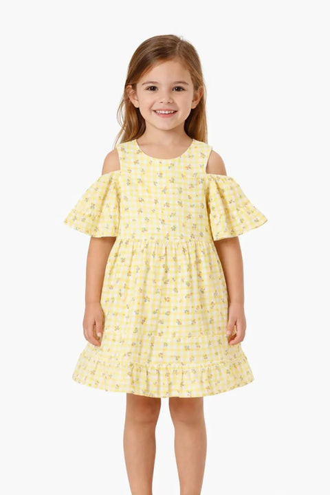 Ativo Girl's Yellow Printed Cold Shoulder Neck Dress |Ativo In Lebanon