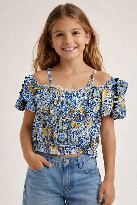 Ativo Girl's Multicolor Mediterranean Tile Print Cold-Shoulder Top |Ativo In Lebanon