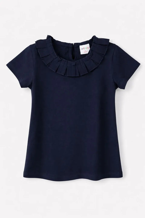 Ativo Girl's Navy Ruffle Neck T-Shirt | Ativo In Lebanon