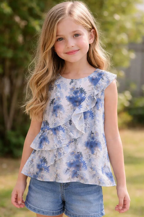 Ativo Girl's White & Blue Floral Ruffle Top |Ativo In Lebanon