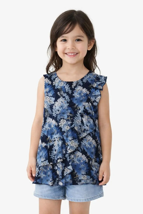 Ativo Girl's Blue & Navy Floral Ruffle Top |Ativo In Lebanon