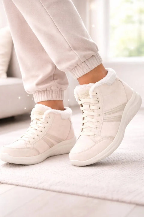 Skechers Women's Off White Ultra Flex Metallic Overlay Sneaker Boots|Skechers In Lebanon