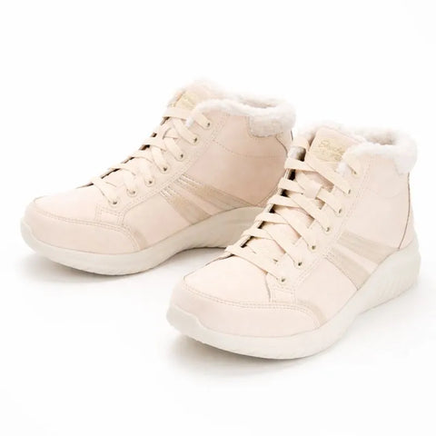 Skechers Women's Off White Ultra Flex Metallic Overlay Sneaker Boots|Skechers In Lebanon