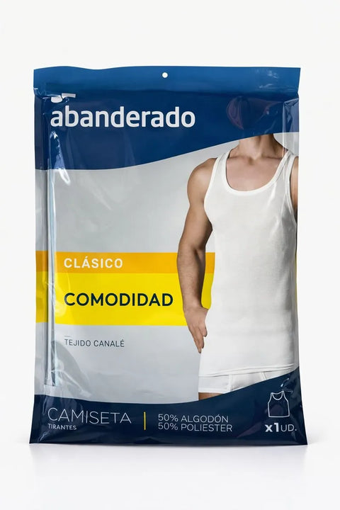 Packaged white tank top with 'abanderado' branding on a white background