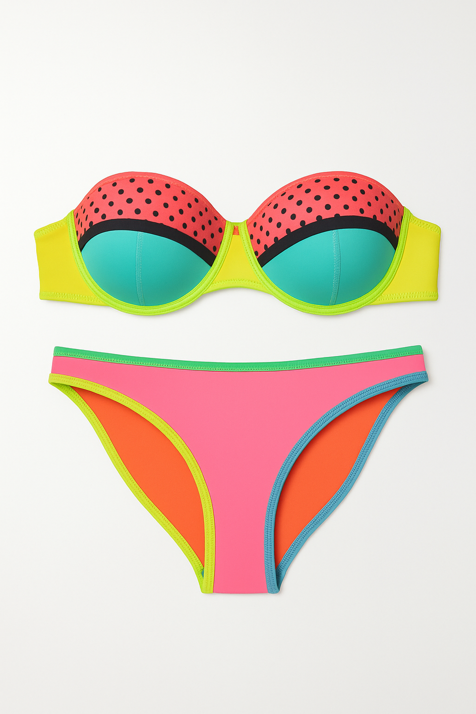Colorful bikini set with polka dot top and solid bottom on a white background