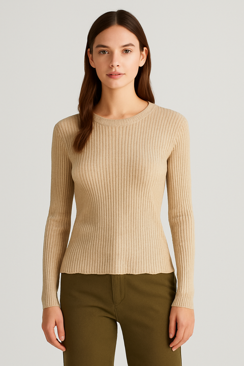 Mango Women's Beige Crew Neck Long Sleeve Blouse |Mango In Lebanon