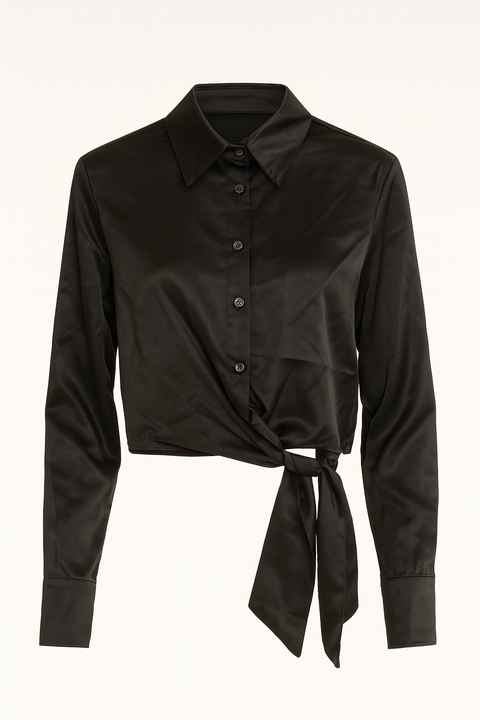 Big Dart Women's Black Tied Long Sleeve Satin Shirt| Big Dart In Lebanon