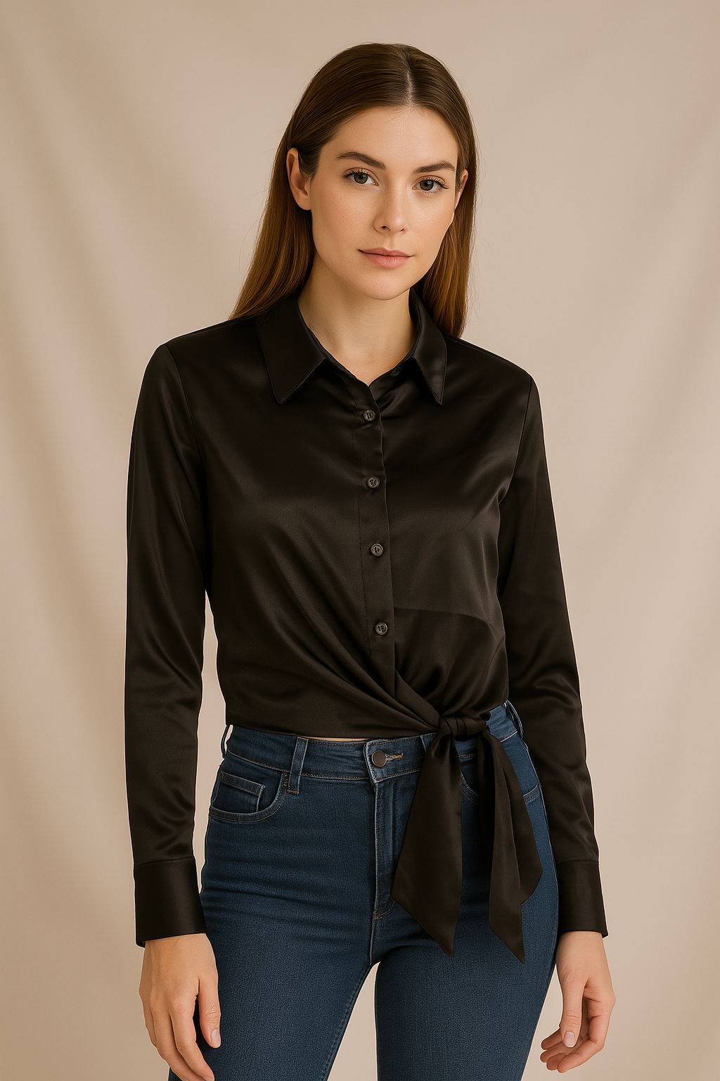 Big Dart Women's Black Tied Long Sleeve Satin Shirt| Big Dart In Lebanon