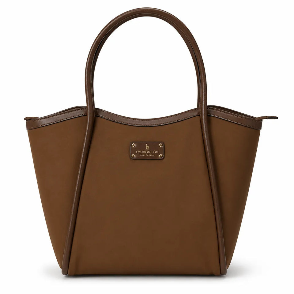 A brown leather tote bag with dual top handles and a gold-tone metal brand plaque on the front, photographed against a clean white background.