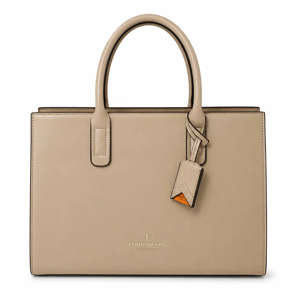A structured beige leather handbag with dual top handles, a hanging leather tag, and a debossed 'LONDON GO' logo on the front, shown against a plain white background.