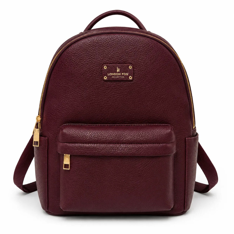 A burgundy pebbled leather backpack with gold-tone hardware, featuring a top handle, a front zippered pocket, and a gold brand plaque that reads 'LONDON FOR ALL'.