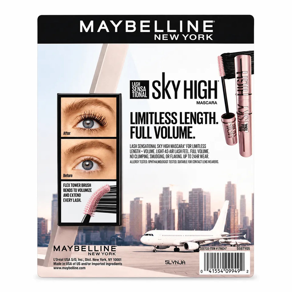 MAYBELLINE NEW YORK Long Lash Professional mascara packaging for the Sky High line, featuring a black and white header, product imagery of eyelashes and an applicator, a before-and-after eye close-up, and a cityscape background with an airplane.