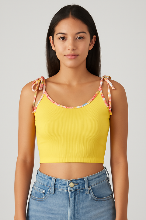 Forever 21 Women’s Yellow Ribbed Tie Sleeves Crop Top  |Forever 21 In Lebanon