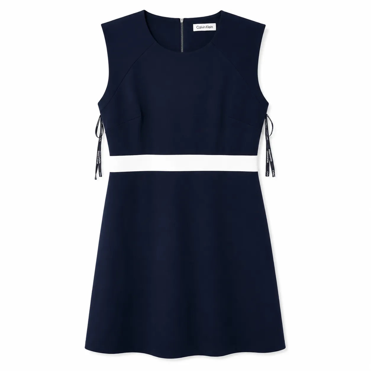 A sleeveless navy blue dress with a contrasting white horizontal band at the waist and matching white side panels, shown against a plain white background.
