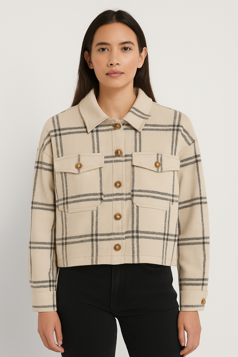 Just Polly Women's White Plaid Chest-Pocket Shirt | Just Polly In Lebanon