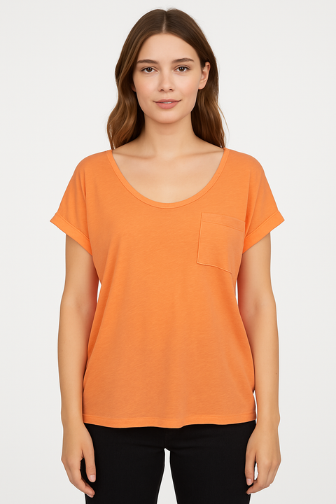 Mango Women's Coral Crew Neck Left Side Pocket T-Shirt |Mango In Lebanon