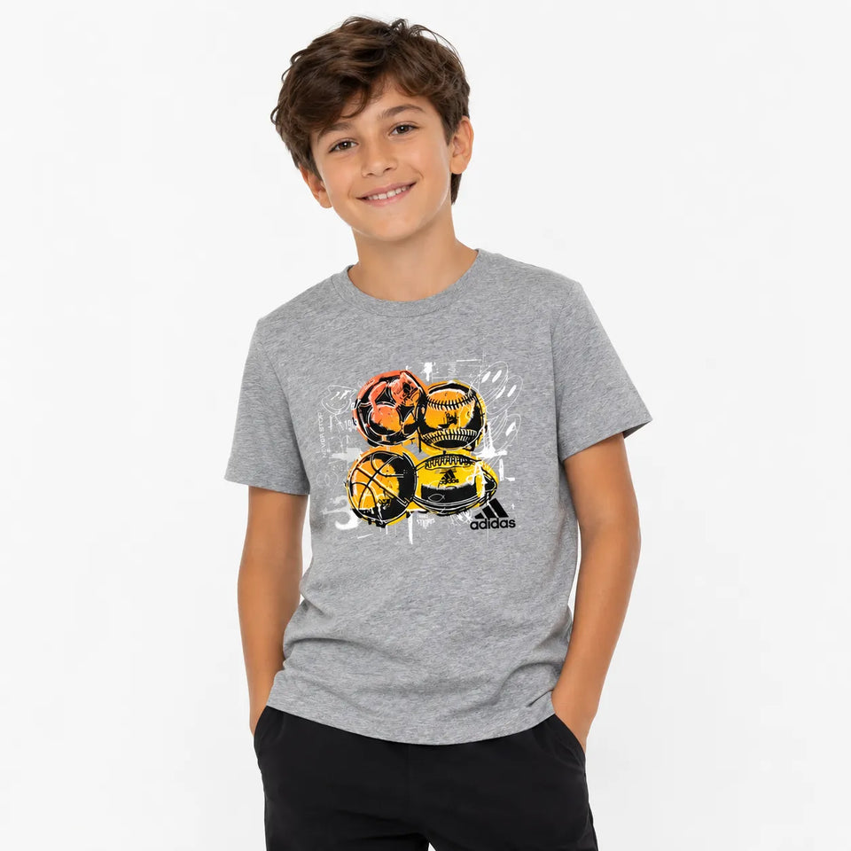 Adidas Boy's Grey Crew Neck Graphic Of Stacked Basketball T-shirt|Adidas in Lebanon