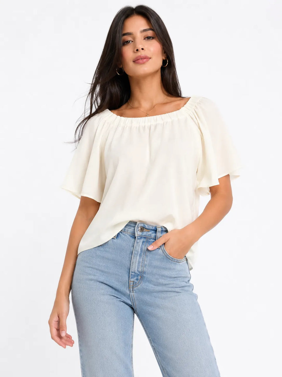 Lusia Lpagnoli Women's Off White Off ShoulderFlutter Sleeveless Blouse| Lusia Lpagnoli in Lebanon