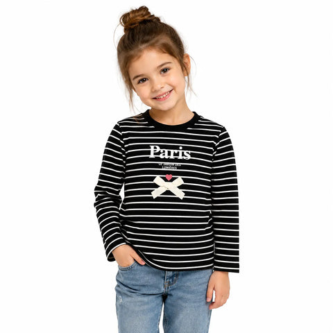 SD Girl's Black Striped White Paris Printed Long Sleeve Blouse | SD In Lebanon