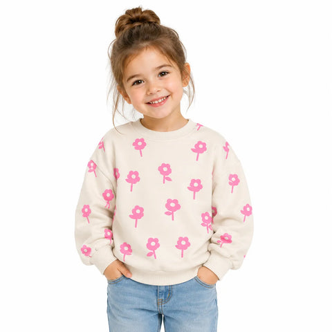 Zara Girl's Cream With Pink  Flowers Printed Sweatshirts   | Zara In Lebanon