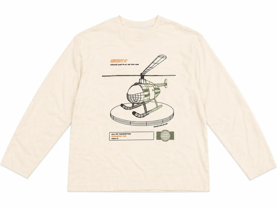 Zara Boy's Light Beige 3D Style Wire Frame Helicopter Printed Long Sleeve Blouse| Zara in Lebanon