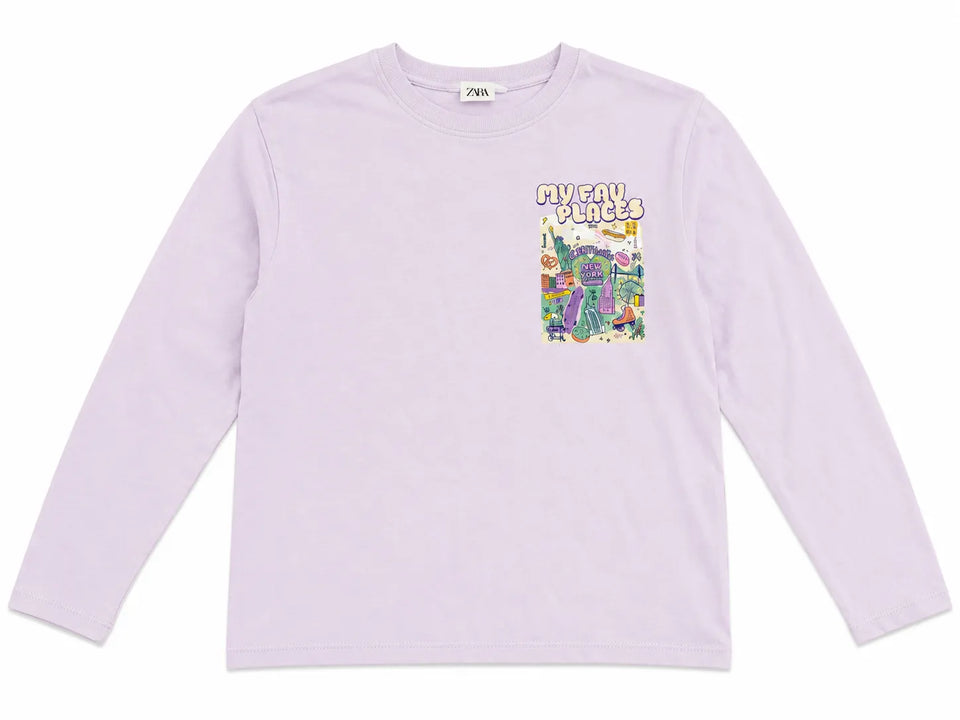 Zara Girl's Light Purple " My FAV PLACES " PrintedLong Sleeve Blouse | Zara in Lebanon
