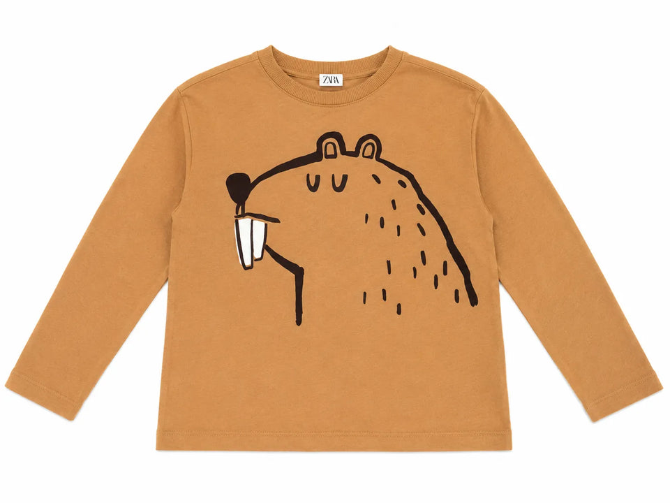 Zara Boy's Light Brown Beaver GraphicLong Sleeve Blouse | Zara in Lebanon