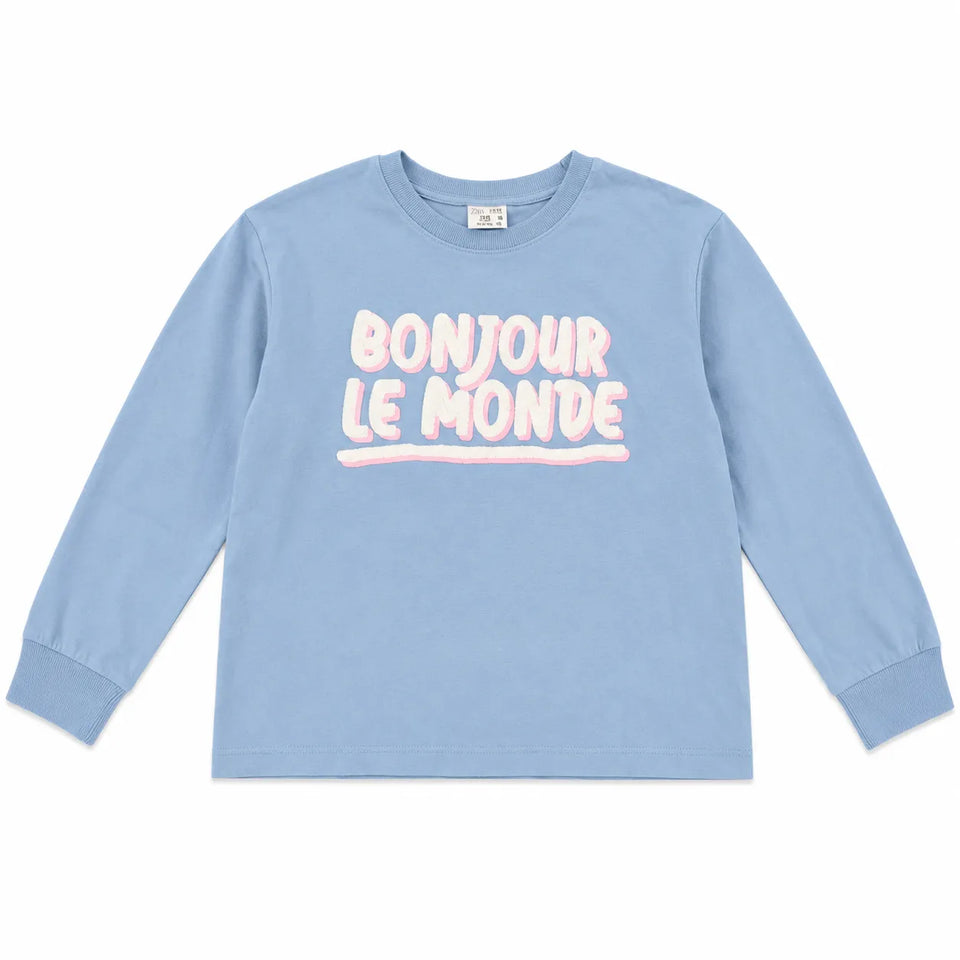 Zara Girl's Light Blue " Bonjour le monoe " PrintedBlouse | Zara in Lebanon